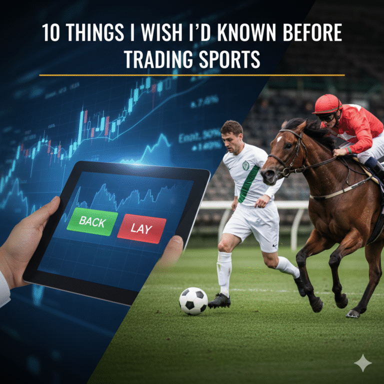 Image showing a trader with options on a phone to back or lay. On the other side of the screen is a footballer and a jockey
