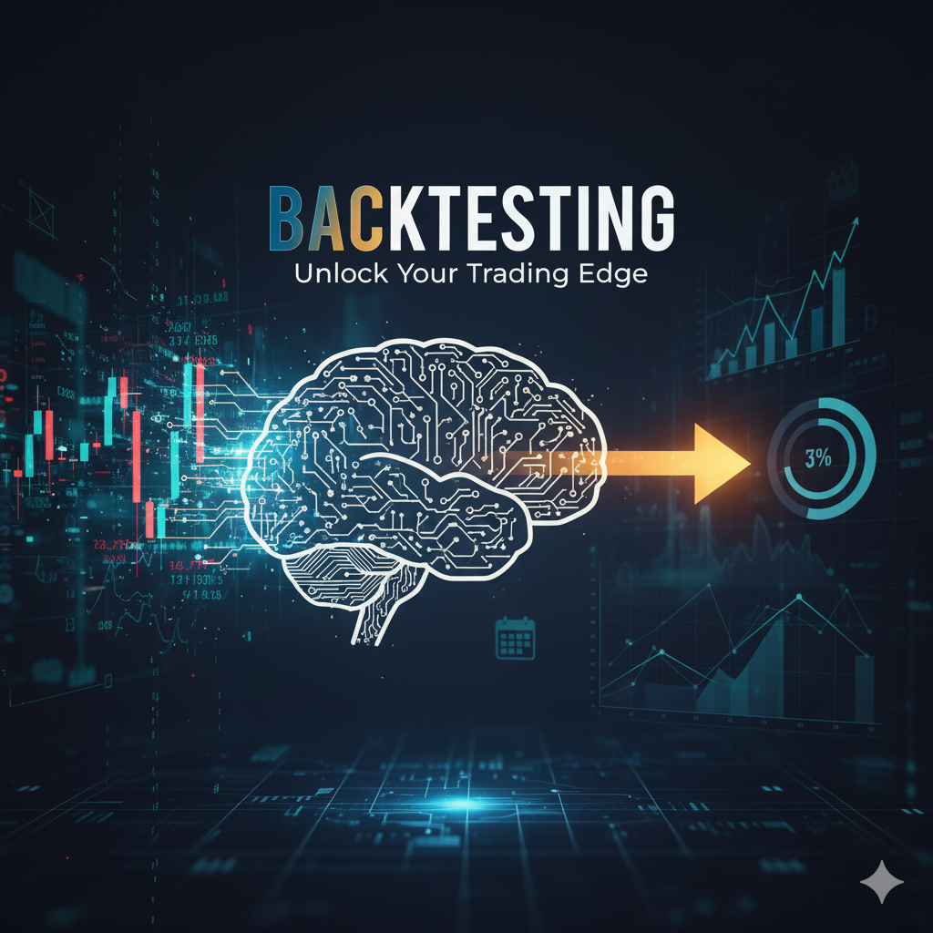 Wording saying Backtesting, unlock your trading edge with a outline of a brain and graphs and charts in the background