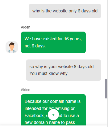 Image showing the fake chat with the scammer saying their site is 16 years old