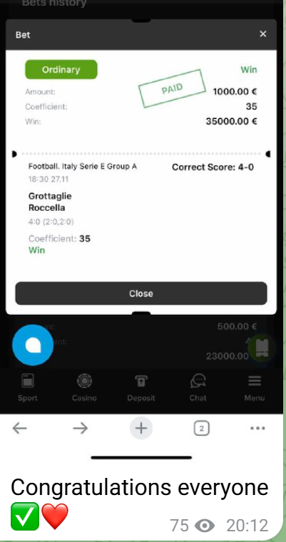 A scam betting slip showing a winner in a league that doesn't exist