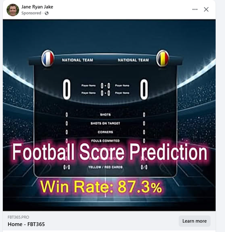 A betting scam advert showing a win rate of 87.3% on score predictions